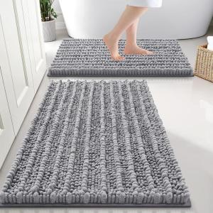 imageSmiry Bathroom Rugs Sets 2 Piece Soft Absorbent Non Slip Rubber Backing Machine Washable Quick Dry Chenille Bath Rug Set for Tub Shower and Floor 30quot x 20quot Plus 24quot x 16quot GreyGrey
