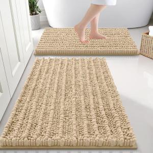 imageSmiry Bathroom Rugs Sets 2 Piece Soft Absorbent Non Slip Rubber Backing Machine Washable Quick Dry Chenille Bath Rug Set for Tub Shower and Floor 30quot x 20quot Plus 24quot x 16quot GreyBeige