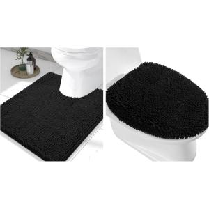 imageSmiry Bathroom Rugs and Toilet Lid CoverMachine Wash Dry Non Slip Absorbent Shaggy Bath Rug for Bath Room Shower and Tub UShaped 24quot x 20quot175quot x 15quot Black