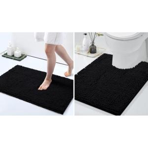 imageSmiry Chenille Bathroom Rugs 24x16 and UShaped Toilet Bath Rugs 24x20 Extra Soft and Absorbent Shaggy Bath Mat Machine Washable NonSlip Plush Carpet Black