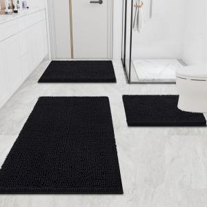 imageSmiry Chenille Bathroom Rugs 36x2424x16 and UShaped Toilet Bath Rugs 24x20 Extra Soft and Absorbent Shaggy Bath Mat Machine Washable NonSlip Plush Carpet Black