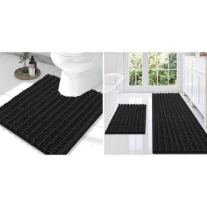 imageSmiry Bathroom Rugs Set 3 Piece Extra Soft Absorbent Non Slip Rubber Backing Machine Washable Quick Dry Chenille Bath Rug Set for Tub Shower and Floor 47quot x 20quot30quot x 20quot UShaped 24quot x 20quot Black