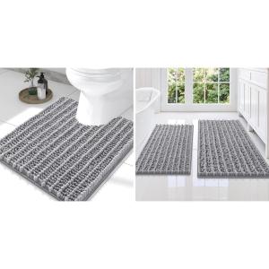 imageSmiry Bathroom Rugs Set 3 Piece Extra Soft Absorbent Non Slip Rubber Backing Machine Washable Quick Dry Chenille Bath Rug Set for Tub Shower and Floor 36quot x 24quot30quot x 20quot UShaped 24quot x 20quot Grey