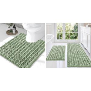 imageSmiry Bathroom Rugs Set 3 Piece Soft Absorbent Non Slip Rubber Backing Machine Washable Quick Dry Chenille Bath Rug Set for Tub Shower and Floor 47quot x 20quot24quot x 16quot UShaped 24quot x 20quot Sage Green