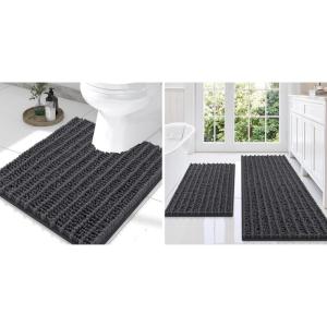 imageSmiry Bathroom Rugs Set 3 Piece Soft Absorbent Non Slip Rubber Backing Machine Washable Quick Dry Chenille Bath Rug Set for Tub Shower and Floor 47quot x 20quot24quot x 16quot UShaped 24quot x 20quot Dark Grey