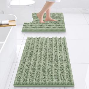 imageSmiry Bathroom Rugs Sets 2 Piece Soft Absorbent Non Slip Rubber Backing Machine Washable Quick Dry Chenille Bath Rug Set for Tub Shower and Floor 30quot x 20quot Plus 24quot x 16quot BlackSage Green