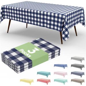 imageSmiry 3 Packs Gingham Disposable Table Cloth 54 x 108 Inch Waterproof Plastic Tablecloth Rectangle Khaki and White Checkered Table Covers for Picnic Birthday PartyNavy and White