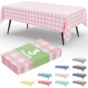 imageSmiry 3 Packs Gingham Disposable Table Cloth 54 x 108 Inch Waterproof Plastic Tablecloth Rectangle Khaki and White Checkered Table Covers for Picnic Birthday PartyPink and White