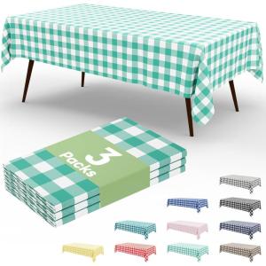imageSmiry 3 Packs Gingham Disposable Table Cloth 54 x 108 Inch Waterproof Plastic Tablecloth Rectangle Khaki and White Checkered Table Covers for Picnic Birthday PartyTeal and White