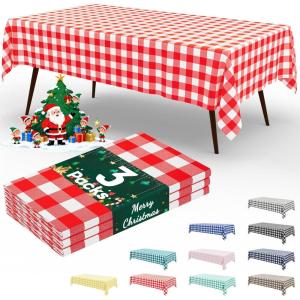 imageSmiry 3 Packs Gingham Disposable Table Cloth 54 x 108 Inch Waterproof Plastic Tablecloth Rectangle Khaki and White Checkered Table Covers for Picnic Birthday PartyRed and White