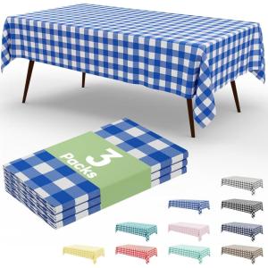 imageSmiry 3 Packs Gingham Disposable Table Cloth 54 x 108 Inch Waterproof Plastic Tablecloth Rectangle Khaki and White Checkered Table Covers for Picnic Birthday PartyBlue and White