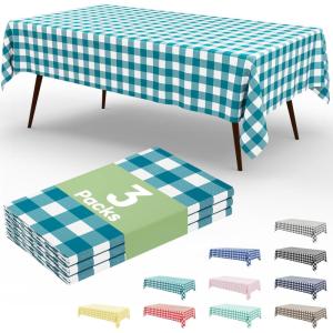 imageSmiry 3 Packs Gingham Disposable Table Cloth 54 x 108 Inch Waterproof Plastic Tablecloth Rectangle Khaki and White Checkered Table Covers for Picnic Birthday PartyTurquoise and White