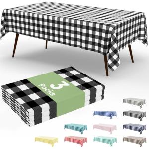 imageSmiry 3 Packs Gingham Disposable Table Cloth 54 x 108 Inch Waterproof Plastic Tablecloth Rectangle Khaki and White Checkered Table Covers for Picnic Birthday PartyBlack and White