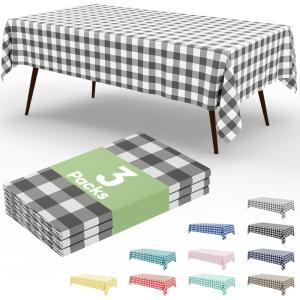 imageSmiry 3 Packs Gingham Disposable Table Cloth 54 x 108 Inch Waterproof Plastic Tablecloth Rectangle Khaki and White Checkered Table Covers for Picnic Birthday PartyGrey and White