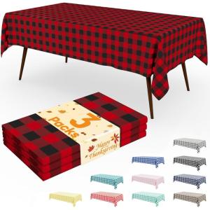 imageSmiry 3 Packs Gingham Disposable Table Cloth 54 x 108 Inch Waterproof Plastic Tablecloth Rectangle Khaki and White Checkered Table Covers for Picnic Birthday PartyBlack and Red