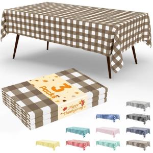 imageSmiry 3 Packs Gingham Disposable Table Cloth 54 x 108 Inch Waterproof Plastic Tablecloth Rectangle Khaki and White Checkered Table Covers for Picnic Birthday PartyBrown and White