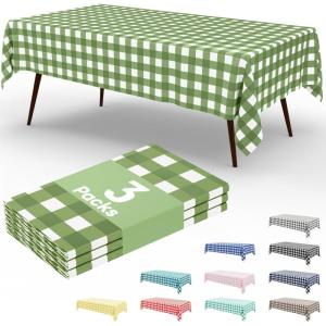 imageSmiry 3 Packs Gingham Disposable Table Cloth 54 x 108 Inch Waterproof Plastic Tablecloth Rectangle Khaki and White Checkered Table Covers for Picnic Birthday PartySage Green and White