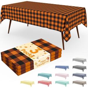 imageSmiry 3 Packs Gingham Disposable Table Cloth 54 x 108 Inch Waterproof Plastic Tablecloth Rectangle Khaki and White Checkered Table Covers for Picnic Birthday PartyBlack and Orange