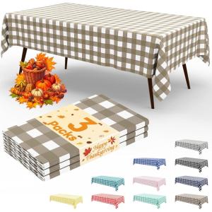imageSmiry 3 Packs Gingham Disposable Table Cloth 54 x 108 Inch Waterproof Plastic Tablecloth Rectangle Khaki and White Checkered Table Covers for Picnic Birthday PartyKhaki and White