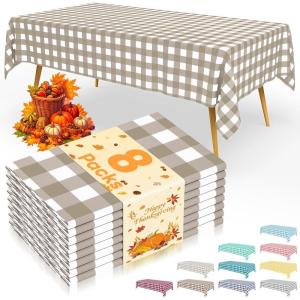 imageSmiry Disposable Table Cloth 12 Pack 84 Inch Round Waterproof Plastic Tablecloth Decorative Rectangle Table Covers for Party Birthday Picnic WhiteKhaki and White