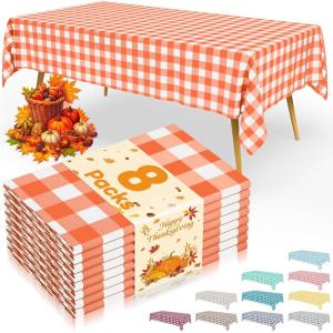 imageSmiry Disposable Table Cloth 12 Pack 84 Inch Round Waterproof Plastic Tablecloth Decorative Rectangle Table Covers for Party Birthday Picnic WhiteOrange and White