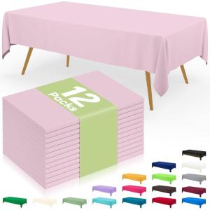 imageSmiry Disposable Table Cloth 12 Pack 84 Inch Round Waterproof Plastic Tablecloth Decorative Rectangle Table Covers for Party Birthday Picnic WhitePink