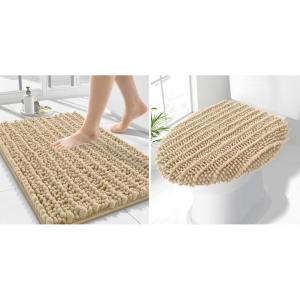 imageSmiry Bathroom Rugs 24x16 and Toilet Lid Cover 175x15 Soft and Absorbent Bath Mat Machine Washable NonSlip Plush Carpet Runner for Tub Shower and Floor Home DecorBeige