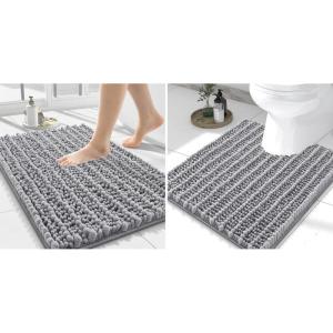 imageSmiry Bathroom Rugs Mat Set 2 Piece 24X16UShaped 24x20 Extra Soft Absorbent Non Slip Rubber Backing Machine Washable Quick Dry Chenille Bath Rug Set for Tub Shower and FloorGrey