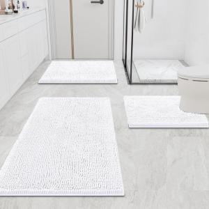 imageSmiry Chenille Bathroom Rugs and Mats Set of 3 Non Slip Absorbent Shaggy Bath Rug for Tub Shower and Bath Room 36quotx 24quot24quotx 16quotUShaped 24quot x20quot White