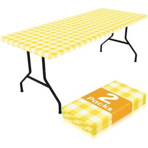 imageSmiry Picnic Table Cloth 2 Pack Waterproof Elastic Fitted Tablecloths for 6FT Rectangle Tables Washable Polyester Buffalo Plaid Tablecloth for Camping Dining ampamp Outdoor Black ampamp White 30quot x 72quotYellow and White