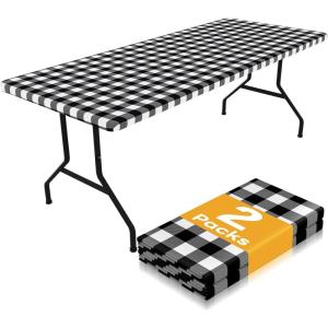 imageSmiry Picnic Table Cloth 2 Pack Waterproof Elastic Fitted Tablecloths for 6FT Rectangle Tables Washable Polyester Buffalo Plaid Tablecloth for Camping Dining ampamp Outdoor Black ampamp White 30quot x 72quotBlack and White