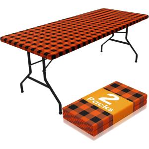 imageSmiry Picnic Table Cloth 2 Pack Waterproof Elastic Fitted Tablecloths for 6FT Rectangle Tables Washable Polyester Buffalo Plaid Tablecloth for Camping Dining ampamp Outdoor Black ampamp White 30quot x 72quotBlack and Orange