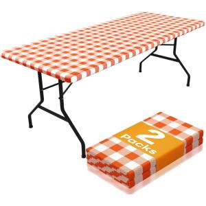 imageSmiry Picnic Table Cloth 2 Pack Waterproof Elastic Fitted Tablecloths for 6FT Rectangle Tables Washable Polyester Buffalo Plaid Tablecloth for Camping Dining ampamp Outdoor Black ampamp White 30quot x 72quotOrange and White
