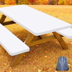 imageSmiry Picnic Table Cover with Bench Covers Waterproof Elastic Fitted Polyester Tablecloths for 6 Ft Rectangle Tables Washable Windproof Tablecloth for Camping RV ampamp Outdoor Black 30x72 InchesWhite