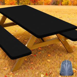 imageSmiry Picnic Table Cover with Bench Covers Waterproof Elastic Fitted Polyester Tablecloths for 6 Ft Rectangle Tables Washable Windproof Tablecloth for Camping RV ampamp Outdoor Black 30x72 InchesBlack