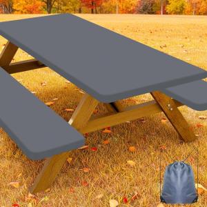 imageSmiry Picnic Table Cover with Bench Covers Waterproof Elastic Fitted Polyester Tablecloths for 6 Ft Rectangle Tables Washable Windproof Tablecloth for Camping RV ampamp Outdoor Black 30x72 InchesGrey