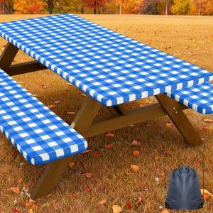 imageSmiry Picnic Table Cover with Bench Covers Waterproof Elastic Fitted Tablecloths for 6 Foot Rectangle Tables Washable Buffalo Plaid Tablecloth for Camping Outdoor Black ampamp White 30quotx72quotBlue and White