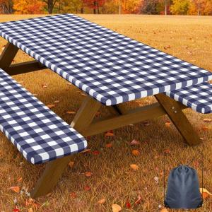 imageSmiry Picnic Table Cover with Bench Covers Waterproof Elastic Fitted Tablecloths for 6 Foot Rectangle Tables Washable Buffalo Plaid Tablecloth for Camping Outdoor Black ampamp White 30quotx72quotNavy and White