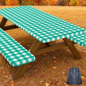 imageSmiry Picnic Table Cover with Bench Covers Waterproof Elastic Fitted Tablecloths for 6 Foot Rectangle Tables Washable Buffalo Plaid Tablecloth for Camping Outdoor Black ampamp White 30quotx72quotGreen and White