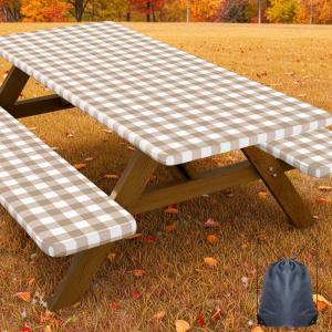 imageSmiry Picnic Table Cover with Bench Covers Waterproof Elastic Fitted Tablecloths for 6 Foot Rectangle Tables Washable Buffalo Plaid Tablecloth for Camping Outdoor Black ampamp White 30quotx72quotKhaki and White