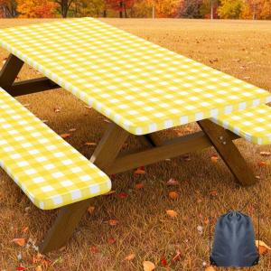 imageSmiry Picnic Table Cover with Bench Covers Waterproof Elastic Fitted Tablecloths for 6 Foot Rectangle Tables Washable Buffalo Plaid Tablecloth for Camping Outdoor Black ampamp White 30quotx72quotYellow and White