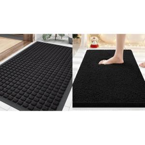 imageSmiry Front Door Mat Outside Entrance Black 295quot x 17quot and Luxury Chenille Bathroom Rugs Black 30quot x 20quot 2 Item Bundle