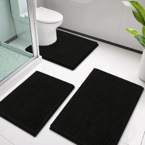 imageSmiry Bathroom Rugs Sets 3 Piece Soft Absorbent Chenille Bath Mat and UShaped Contour Toilet Rug Machine Wash Dry Bath Mat Sets for Bathroom Tub and Floor 30quotx20quot24quotx16quot24quotx20quot GreyBlack
