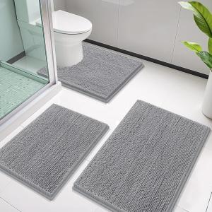 imageSmiry Bathroom Rugs Sets 3 Piece Soft Absorbent Chenille Bath Mat and UShaped Contour Toilet Rug Machine Wash Dry Bath Mat Sets for Bathroom Tub and Floor 30quotx20quot24quotx16quot24quotx20quot GreyGrey