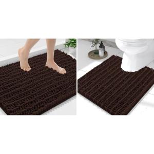 imageSmiry Bathroom Rugs Mat Set 2 Piece 36X24UShaped 24x20 Extra Soft Absorbent Non Slip Rubber Backing Machine Washable Quick Dry Chenille Bath Rug Set for Tub Shower and FloorBrown