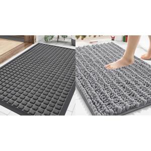 imageSmiry Front Door Mat Outside Entrance Grey 295quot x 17quot and Bathroom Rugs Mat Grey 30quot x 20quot 2 Item Bundle