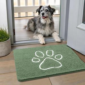 imageSmiry Dog Door Mat for Muddy Paws Absorbent Dirt Trapper Non Slip Quick Dry Washable Chenille Mat for Mud Dogs Entry Rug for Indoor and Outdoor 36x24 Inches Coffee and BlackOlive Green and White