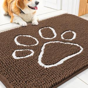 imageSmiry Dog Door Mat for Muddy Paws Absorbent Dirt Trapper Non Slip Quick Dry Washable Chenille Mat for Mud Dogs Entry Rug for Indoor and Outdoor 36x24 Inches Coffee and BlackCoffee and White