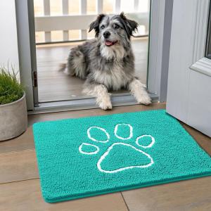 imageSmiry Dog Door Mat for Muddy Paws Absorbent Dirt Trapper Non Slip Quick Dry Washable Chenille Mat for Mud Dogs Entry Rug for Indoor and Outdoor 36x24 Inches Coffee and BlackTurquoise and White