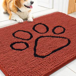 imageSmiry Dog Door Mat for Muddy Paws Absorbent Dirt Trapper Non Slip Quick Dry Washable Chenille Mat for Mud Dogs Entry Rug for Indoor and Outdoor 36x24 Inches Coffee and BlackMaple Red and Black